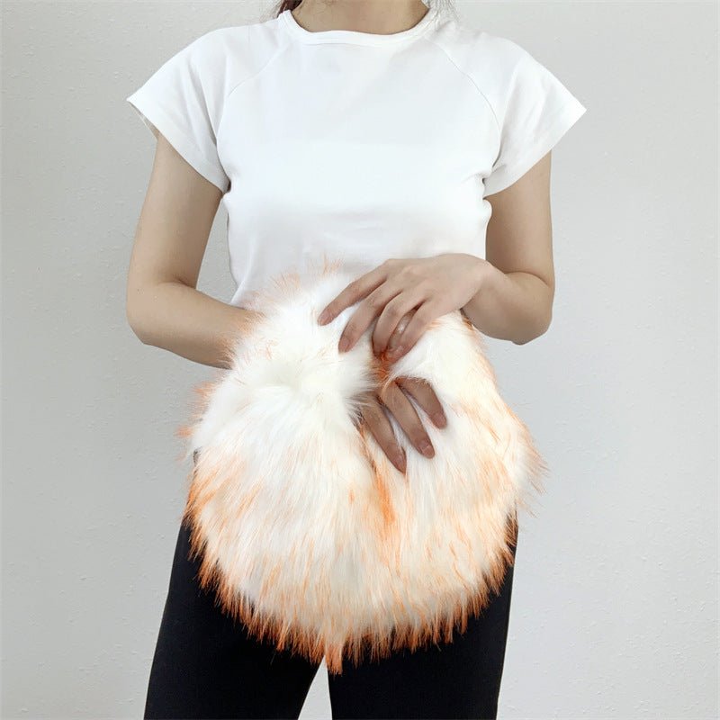 Artificial Raccoon Fur Ball Bag Plush Unique Punk Style Y2g Beige Bottom Orange Tip Bag