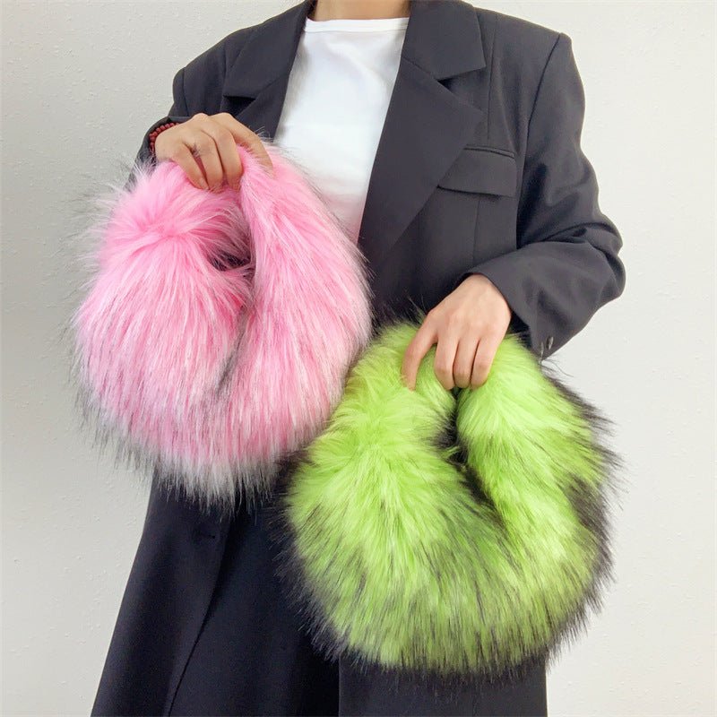 Artificial Raccoon Fur Ball Bag Plush Unique Punk Style Y2g Beige Bottom Orange Tip Bag