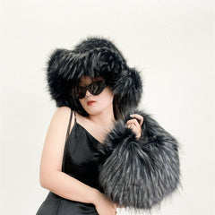 Artificial Raccoon Fur Ball Bag Plush Unique Punk Style Y2g Beige Bottom Orange Tip Bag