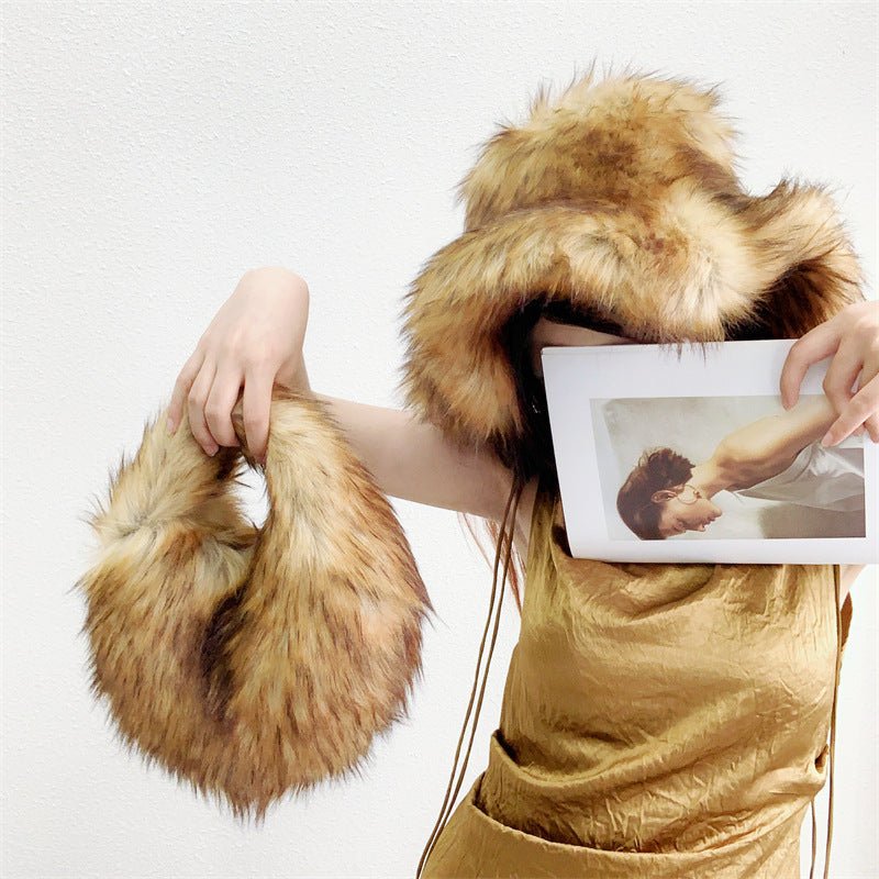 Artificial Raccoon Fur Ball Bag Plush Unique Punk Style Y2g Beige Bottom Orange Tip Bag