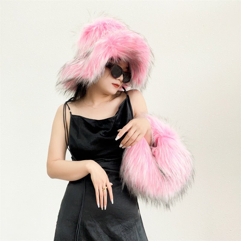 Artificial Raccoon Fur Ball Bag Plush Unique Punk Style Y2g Beige Bottom Orange Tip Bag