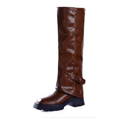 Autumn And Winter Belt Buckle Non - slip Chunky Heel Pants Boots Brown