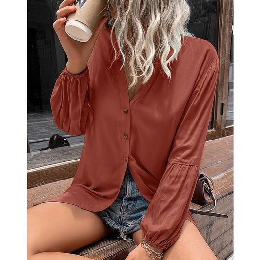 Autumn And Winter Loose Single - breasted Shirt Dress Brick Red