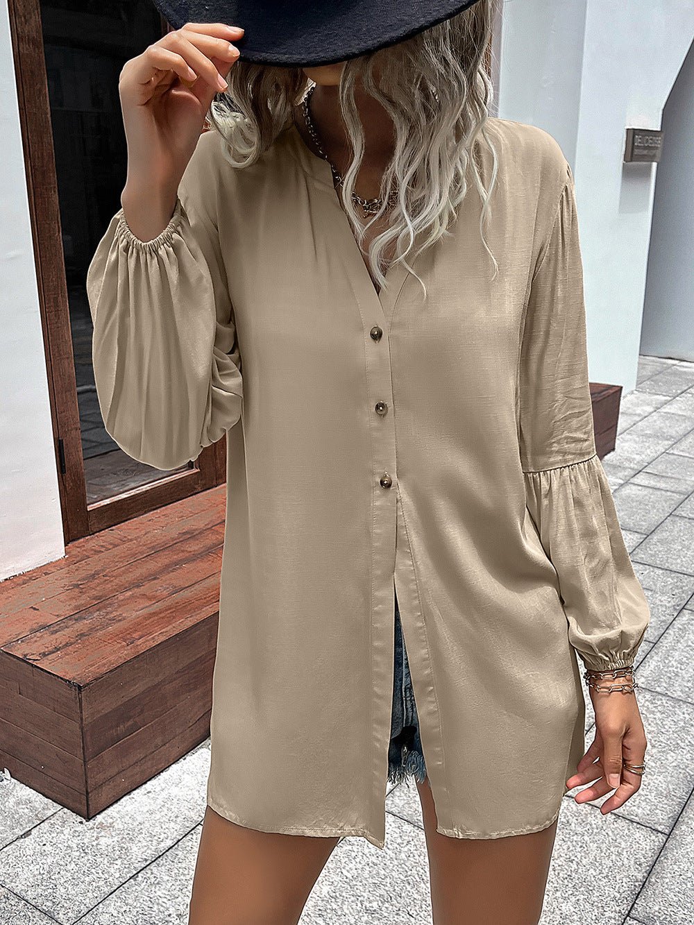 Autumn And Winter Loose Single - breasted Shirt Dress Khaki