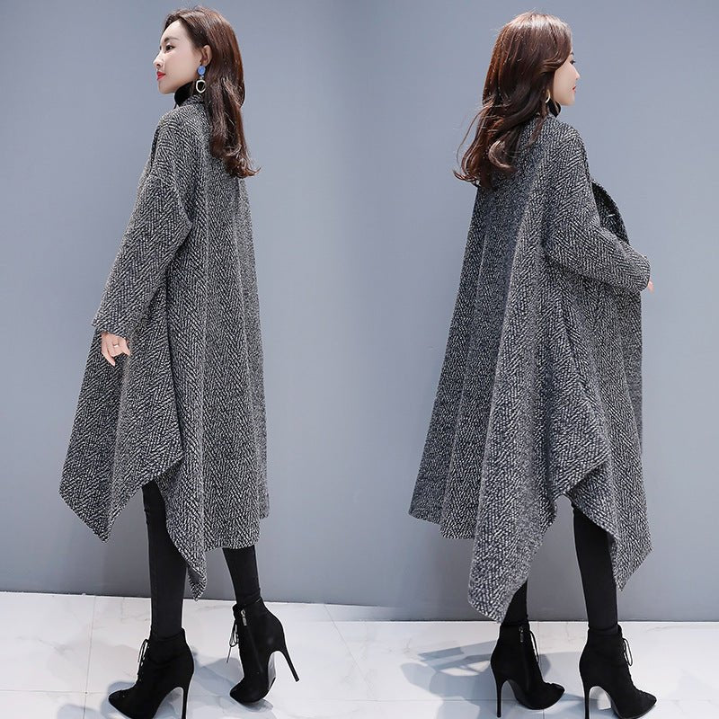 Autumn And Winter Slimming Cape Women's Woolen Coat Casual Herringbone