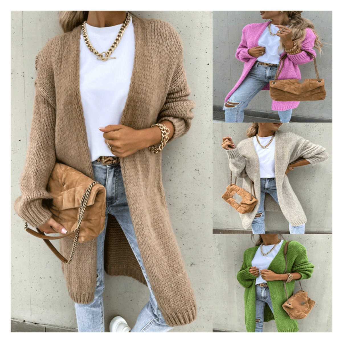 Autumn Solid Color Long Sleeve Knit Cardigan Jacket Brown