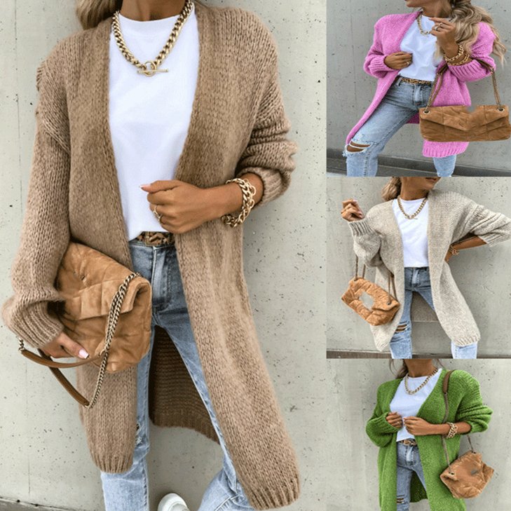 Autumn Solid Color Long Sleeve Knit Cardigan Jacket Brown