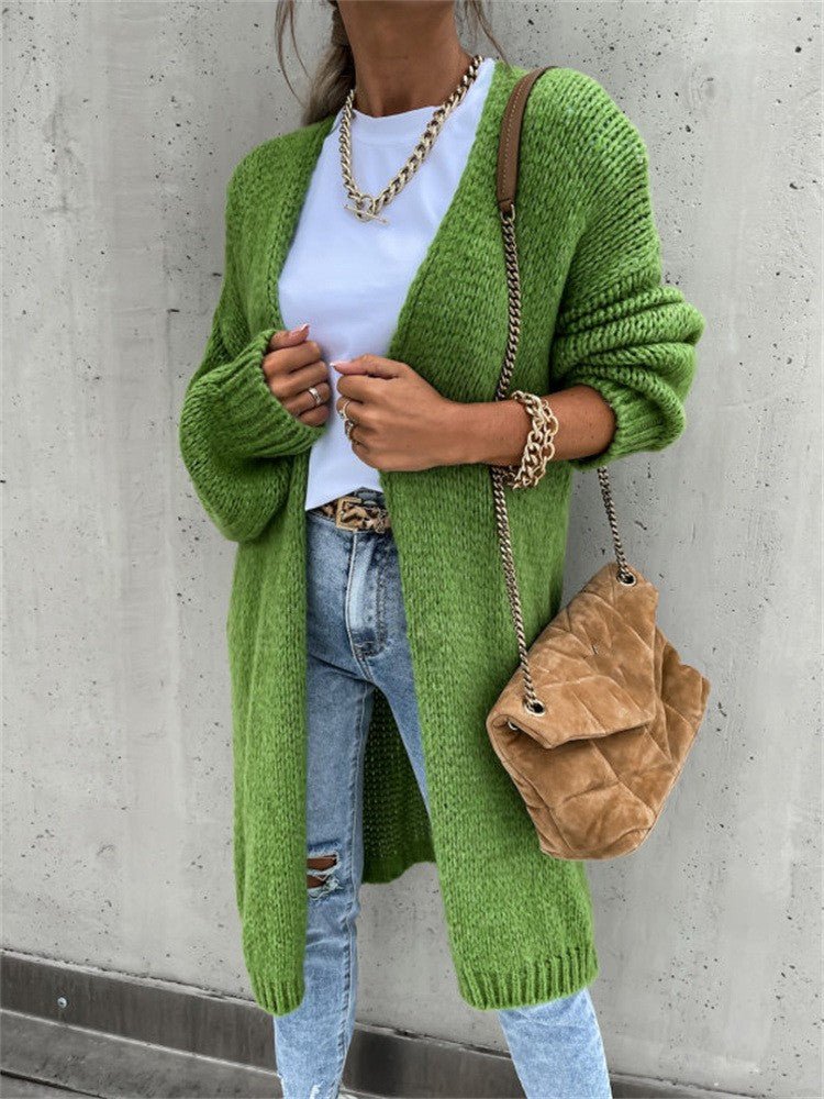 Autumn Solid Color Long Sleeve Knit Cardigan Jacket Green