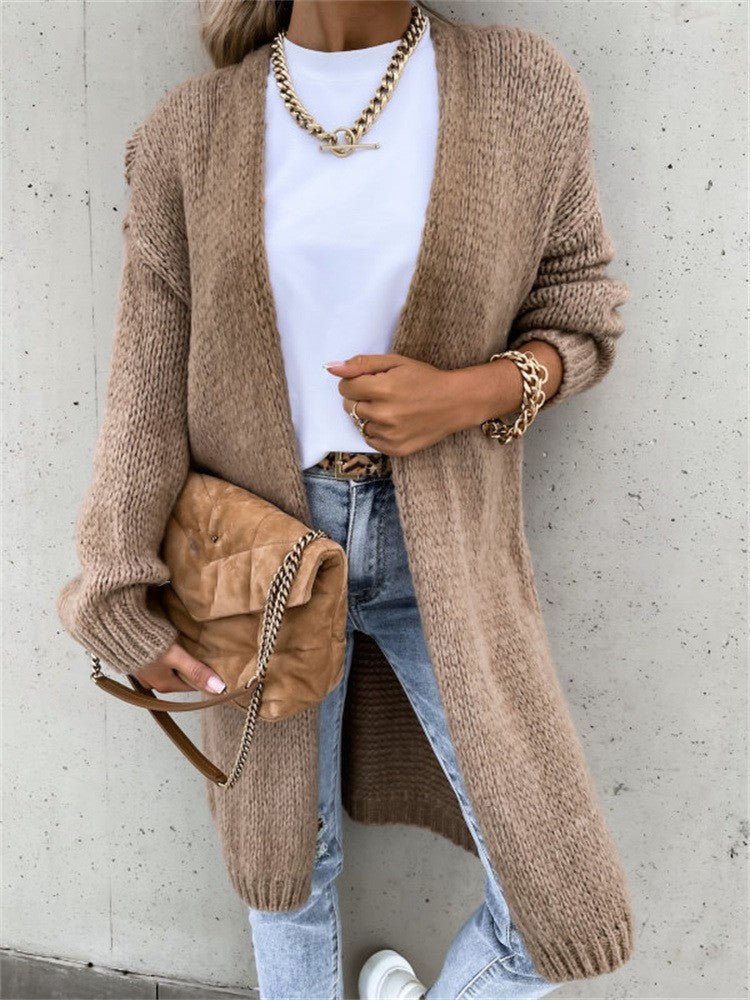 Autumn Solid Color Long Sleeve Knit Cardigan Jacket Brown