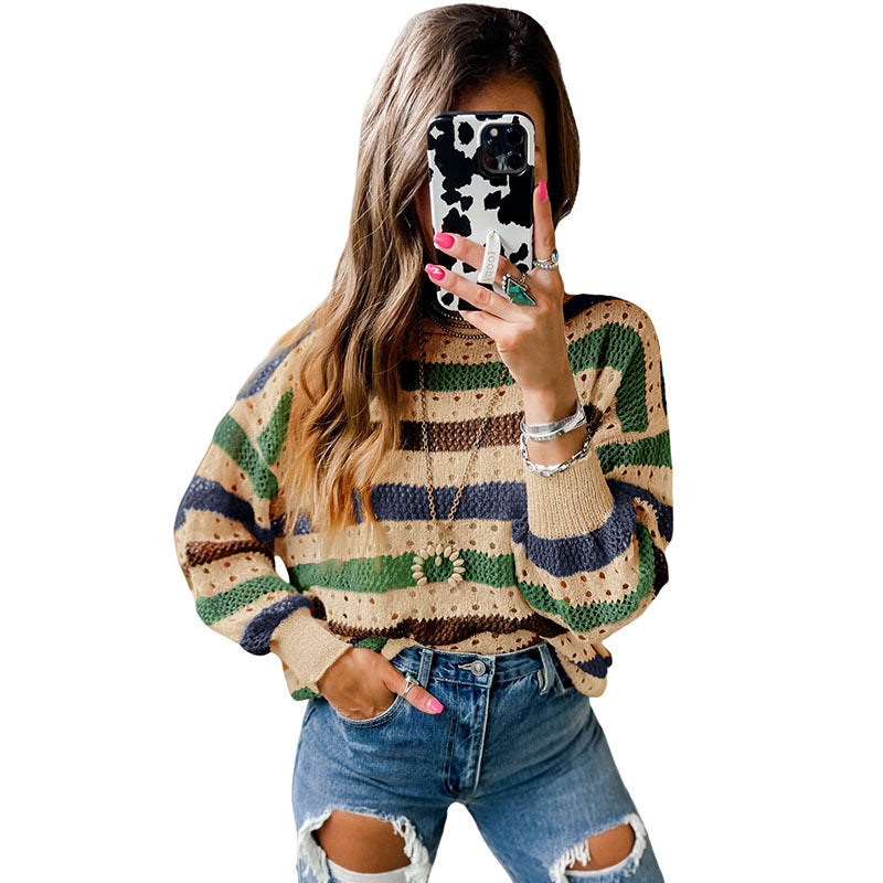 Leisure Personality Stitching Striped Round Neck Sweater Green