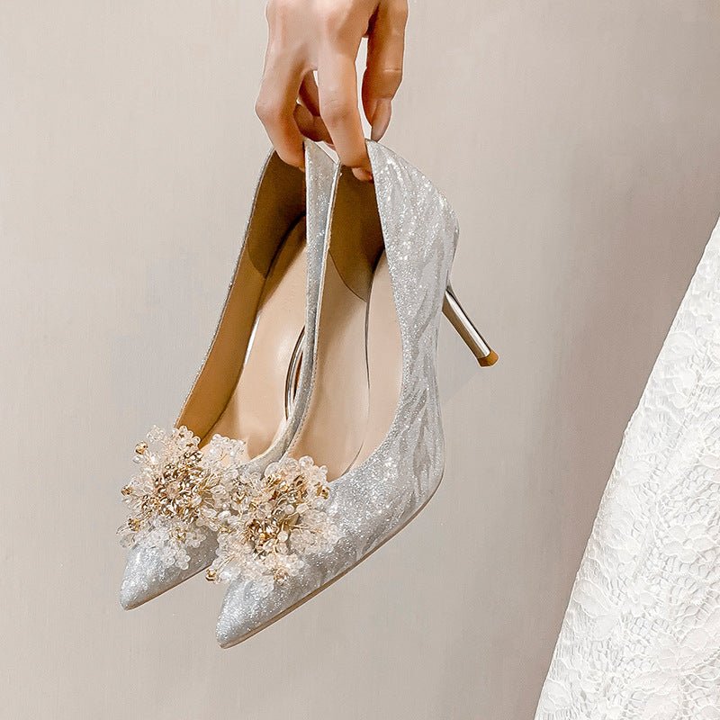 Banquet Sequins Fashion Shoes Pointed Xiuhe Wedding Silver 6cm
