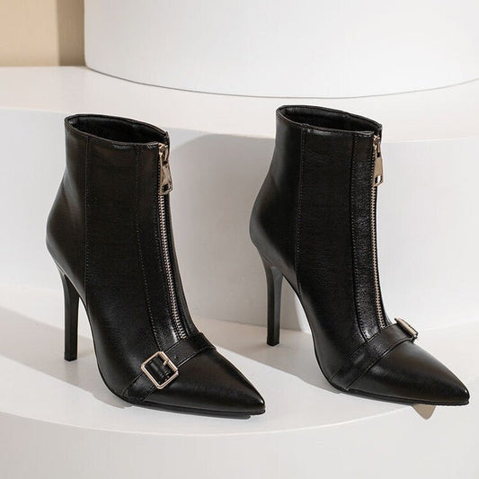 Belt Buckle Front Zipper High Heel Boots Black