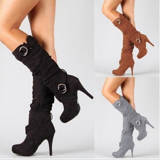 Belt buckle side zip high boots black