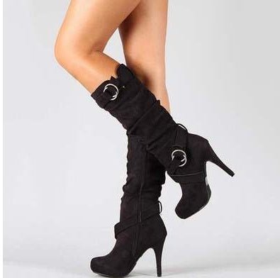 Belt buckle side zip high boots black