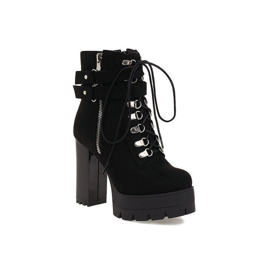 Belt Buckle Stage Booties New High Heel Platform Shoes Thick Black