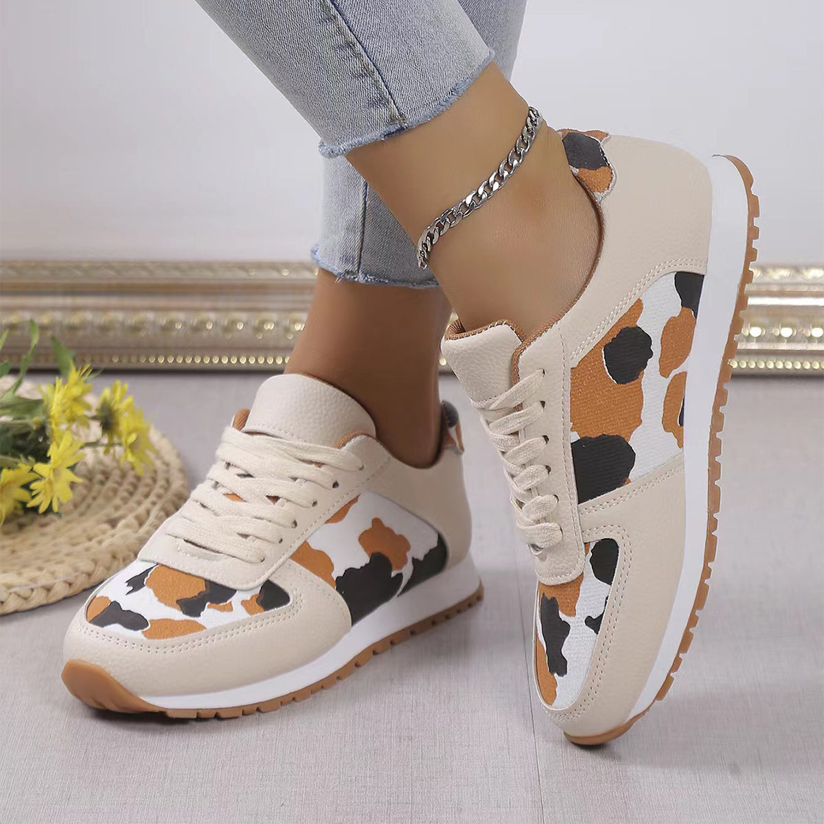 Leopard Shoes For Women Sneakers Casual Running Walking Flat Shoes Beige