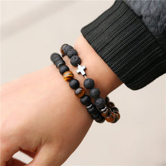 Black Frosted Tigereye Cross Bracelet Set 8mm Stylish Bracelet Duo Black