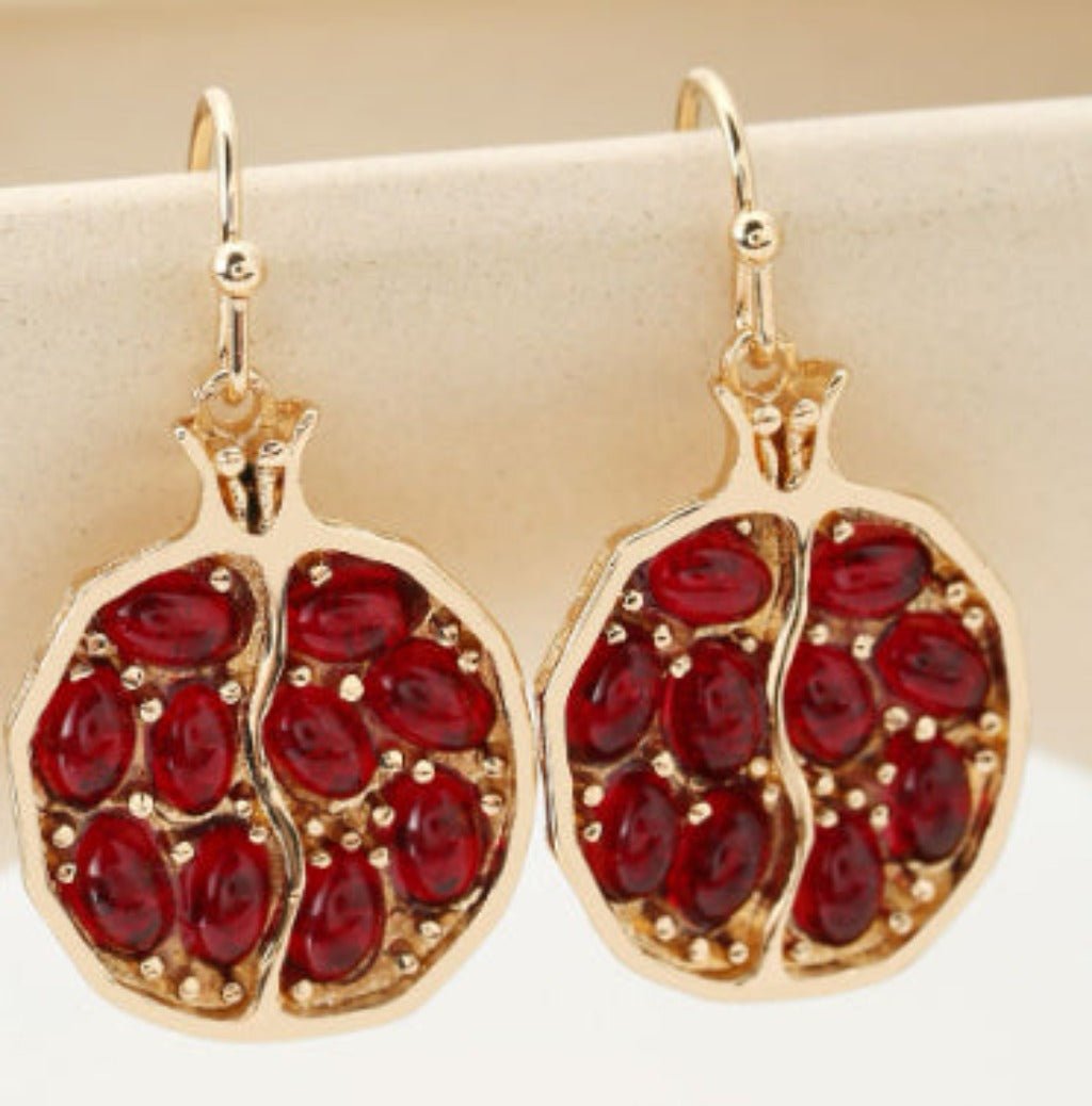 Bohemian Women's Earrings with Red Pomegranate Seed Design Gold