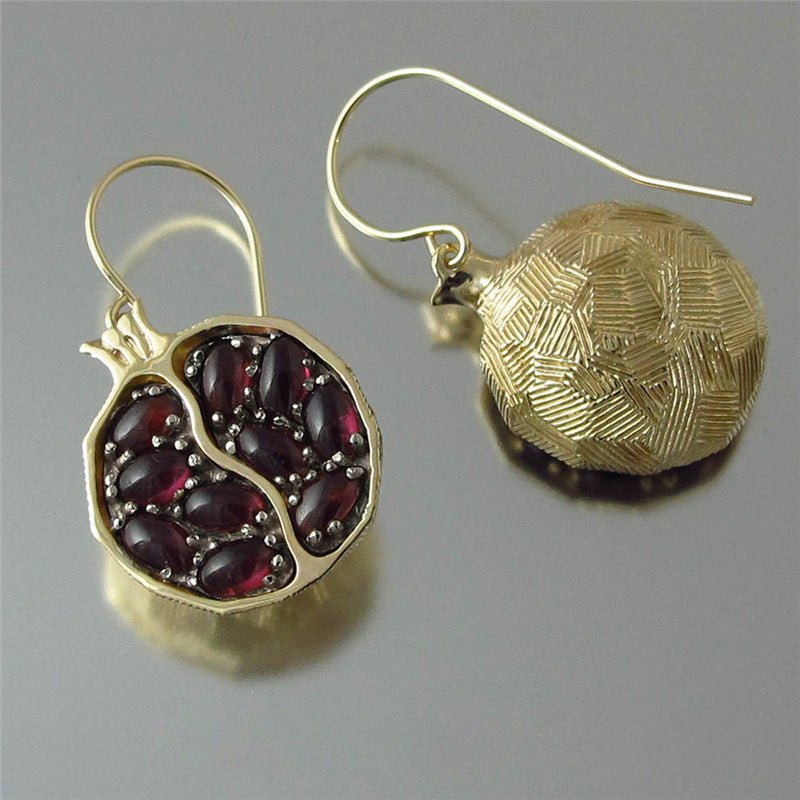 Bohemian Women's Earrings with Red Pomegranate Seed Design Gold