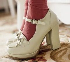 Bowknot high heels thick heel White