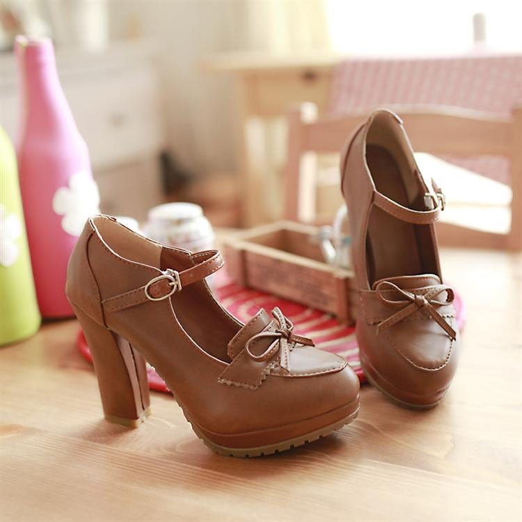 Bowknot high heels thick heel Red brown