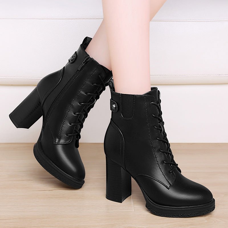 British Style Autumn And Winter Single Boots High Heels Double Zipper Fleece lined
