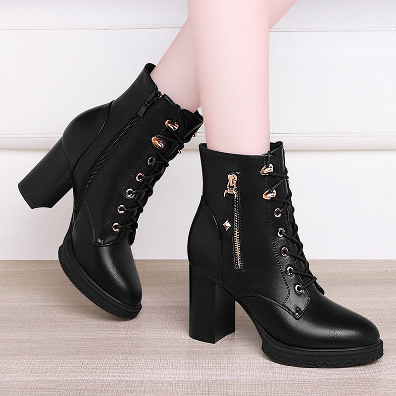 British Style Autumn And Winter Single Boots High Heels Double Zipper Fleece lined