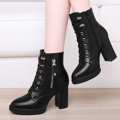British Style Autumn And Winter Single Boots High Heels Single Zipper Fleece lined