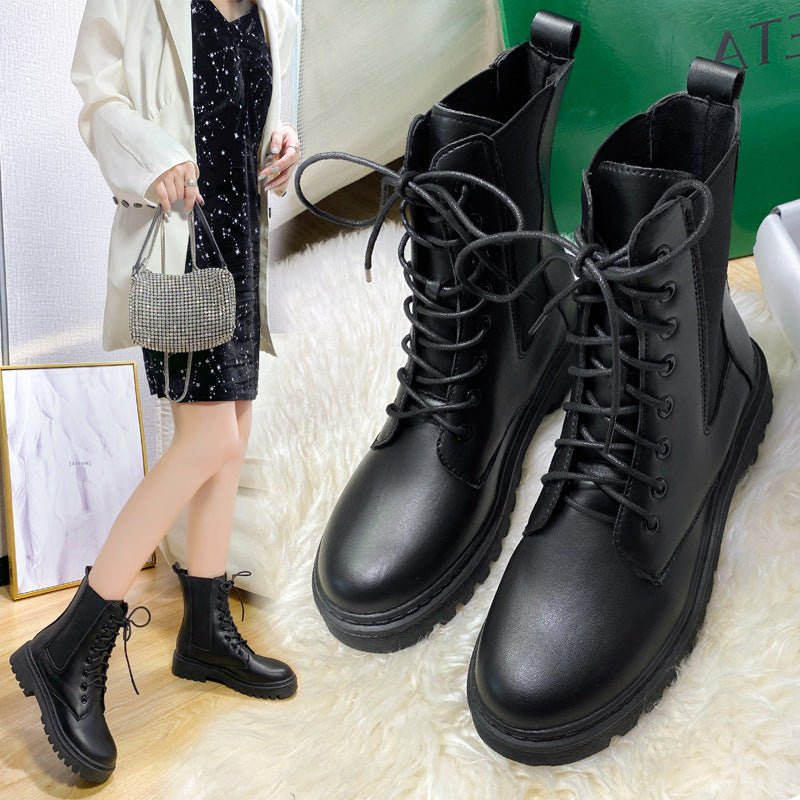 British Style Martin Boots Round Toe Lace - up Black Single Liner