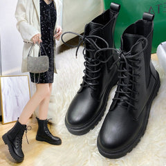 British Style Martin Boots Round Toe Lace - up Black Single Liner