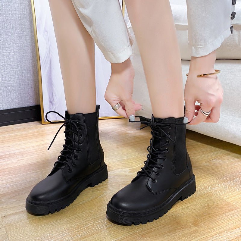 British Style Martin Boots Round Toe Lace - up Black Single Liner