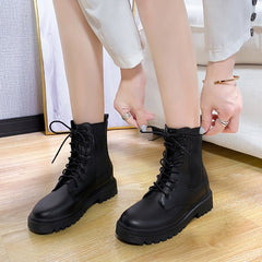 British Style Martin Boots Round Toe Lace - up Black Single Liner