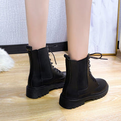 British Style Martin Boots Round Toe Lace - up Black Single Liner