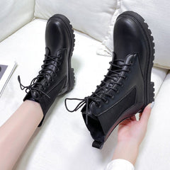 British Style Martin Boots Round Toe Lace - up Black Single Liner