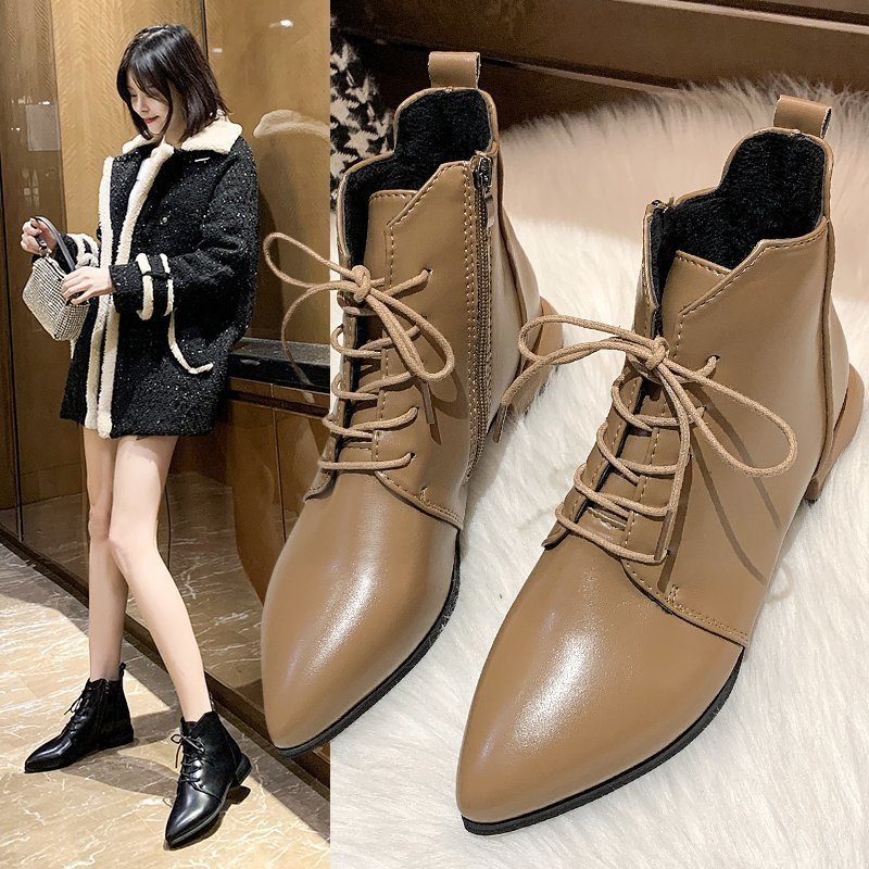 British Style Thick And Pointed Toe Low Heel Short Boots Khaki