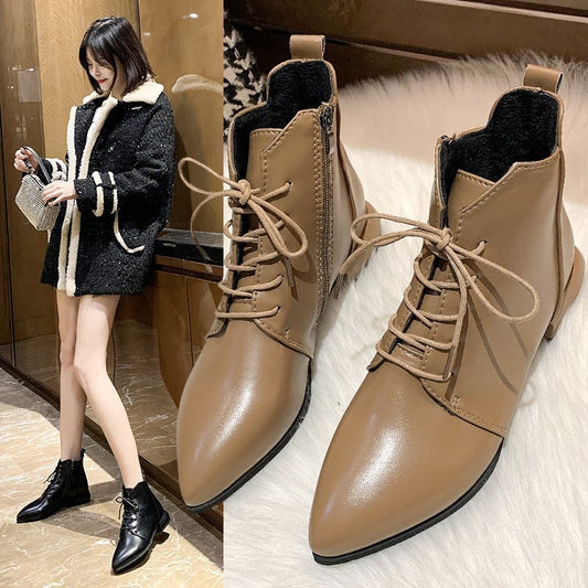 British Style Thick And Pointed Toe Low Heel Short Boots Khaki