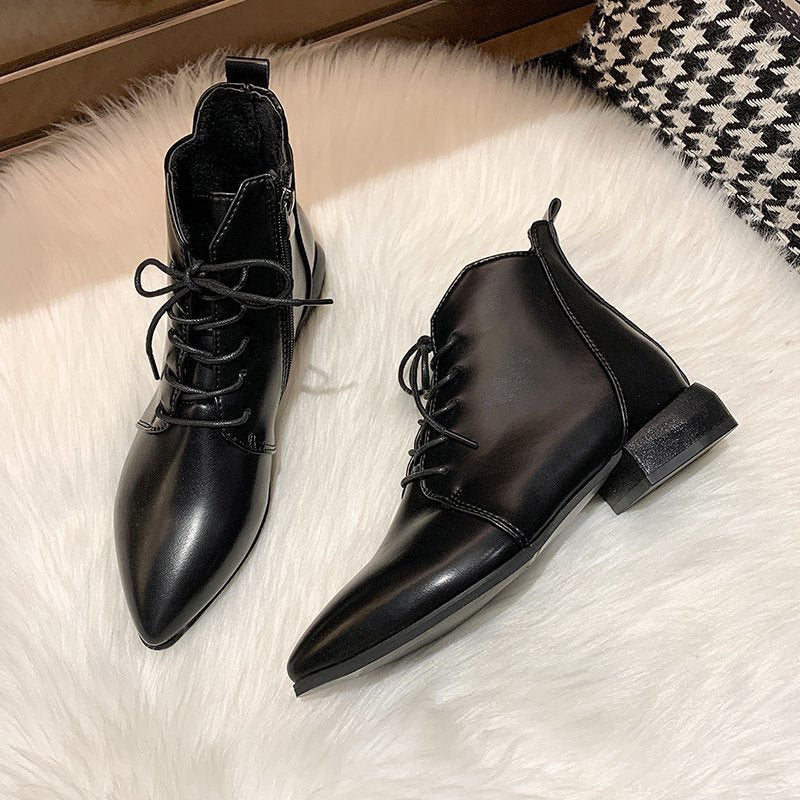 British Style Thick And Pointed Toe Low Heel Short Boots Black