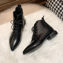 British Style Thick And Pointed Toe Low Heel Short Boots Black