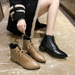 British Style Thick And Pointed Toe Low Heel Short Boots Black