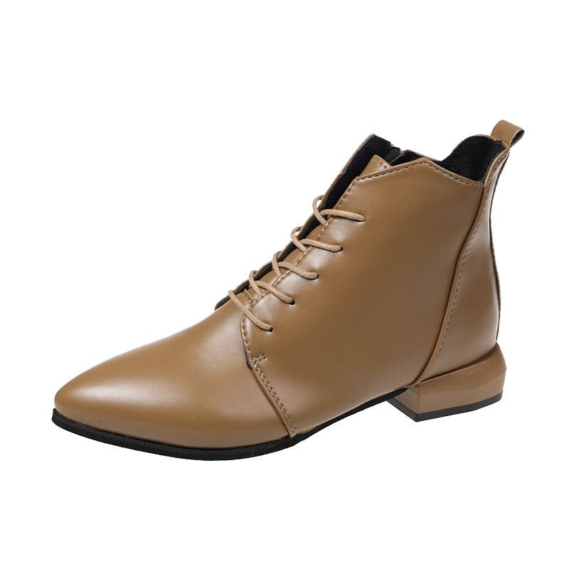 British Style Thick And Pointed Toe Low Heel Short Boots Khaki