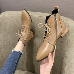 British Style Thick And Pointed Toe Low Heel Short Boots Khaki