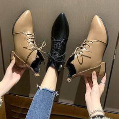 British Style Thick And Pointed Toe Low Heel Short Boots Khaki