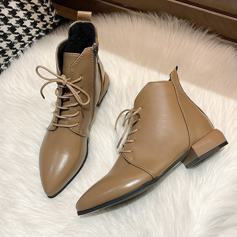 British Style Thick And Pointed Toe Low Heel Short Boots Khaki