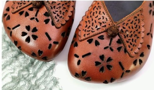 Buckle Ethnic Style Women's Shoes Hollow Breathable Flower Sandals light brown