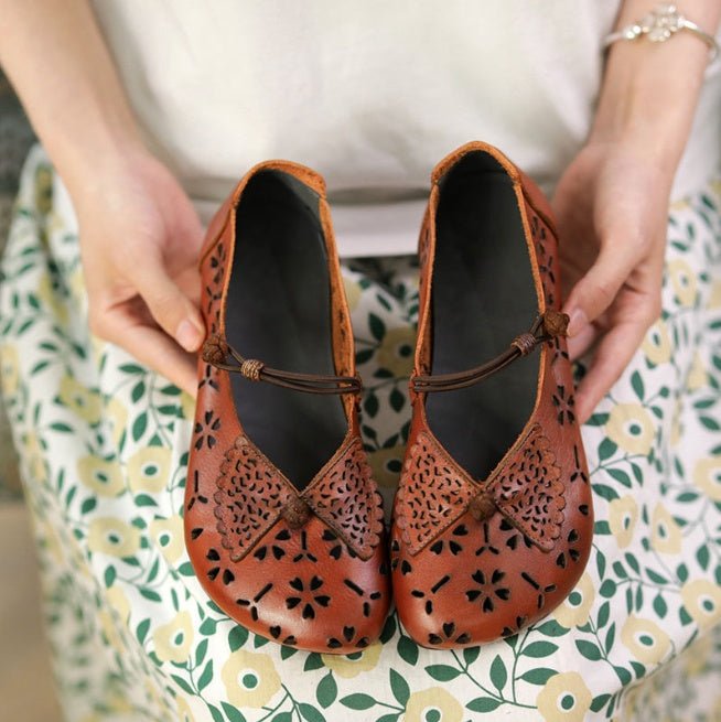Buckle Ethnic Style Women's Shoes Hollow Breathable Flower Sandals light brown