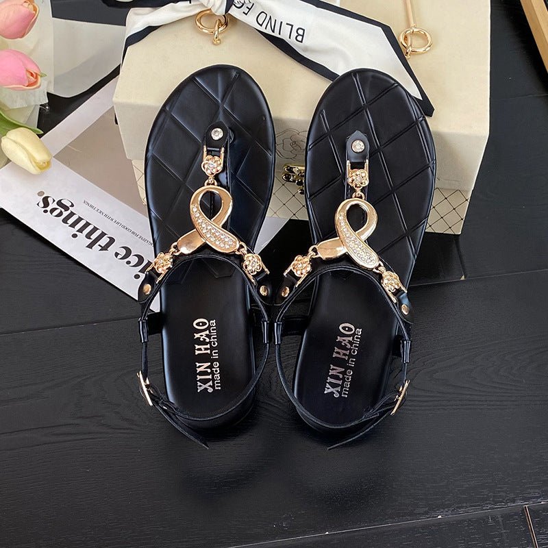 Buckle Flip - flops Woven Dream Bohemian Style Flip - flops Flat Sandals Black