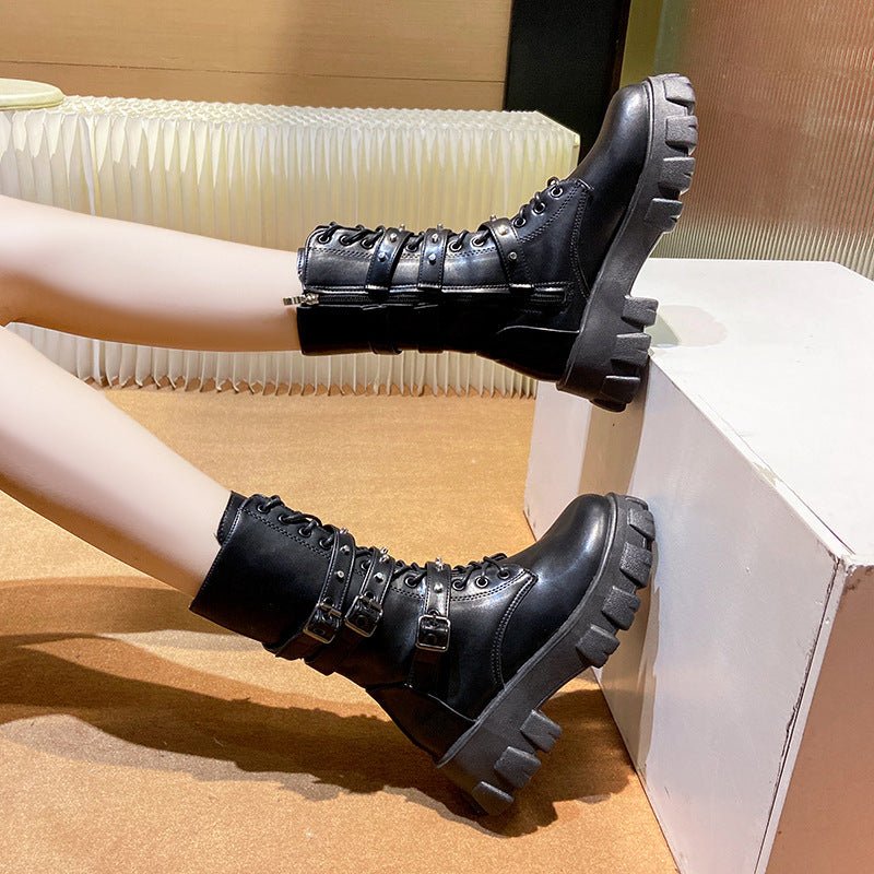 Buckle Lace - up Side Zip Punk Women's Mid Boots White