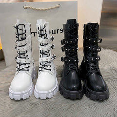 Buckle Lace - up Side Zip Punk Women's Mid Boots White