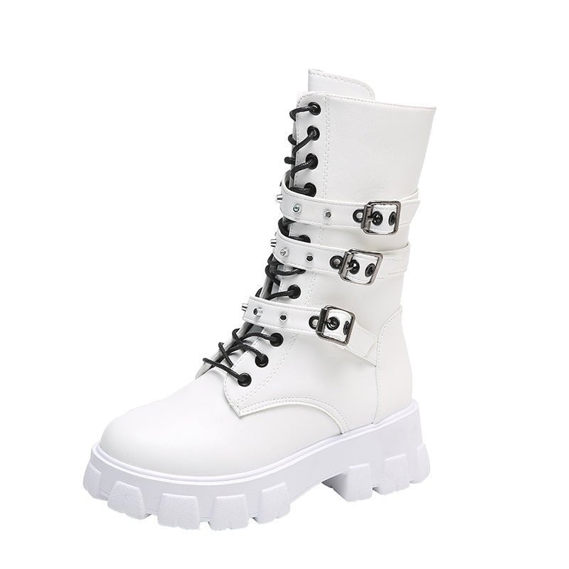 Buckle Lace - up Side Zip Punk Women's Mid Boots White