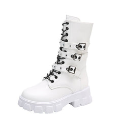 Buckle Lace - up Side Zip Punk Women's Mid Boots White